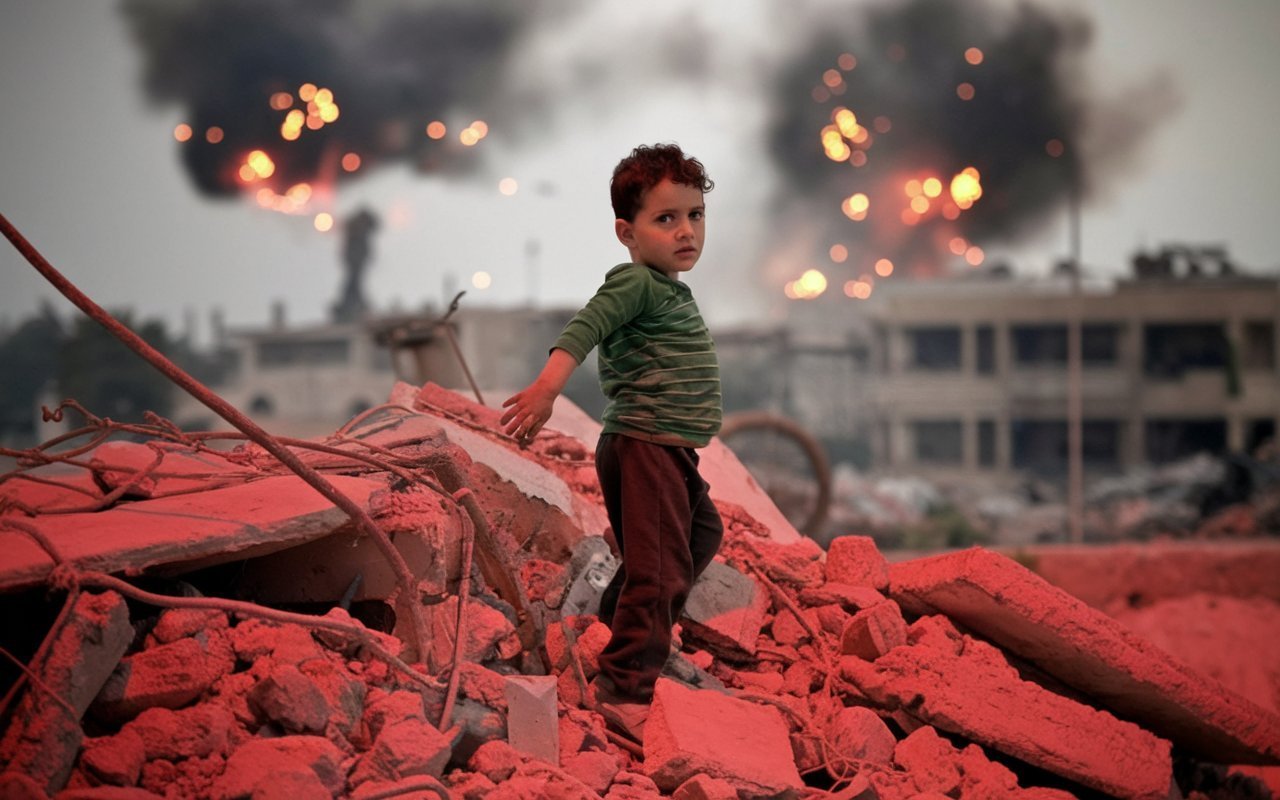 Child standing among damaged buildings in Gaza